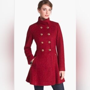 GUESS Burgundy Wool Blend Military Double Breasted Peacoat Jacket Women's M